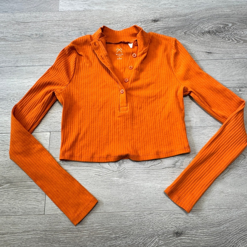 PS Basics by PacSun Orange Ribbed Henley Crop Top Long Sleeve‎ Mock Neck Small